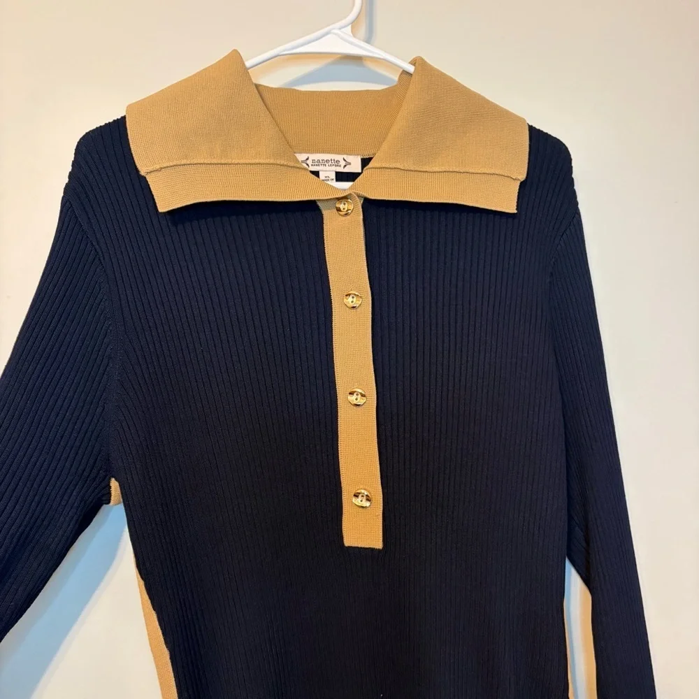Nanette Lepore Navy and Tan Button Sweater Maxi Dress - Picture 4 of 7